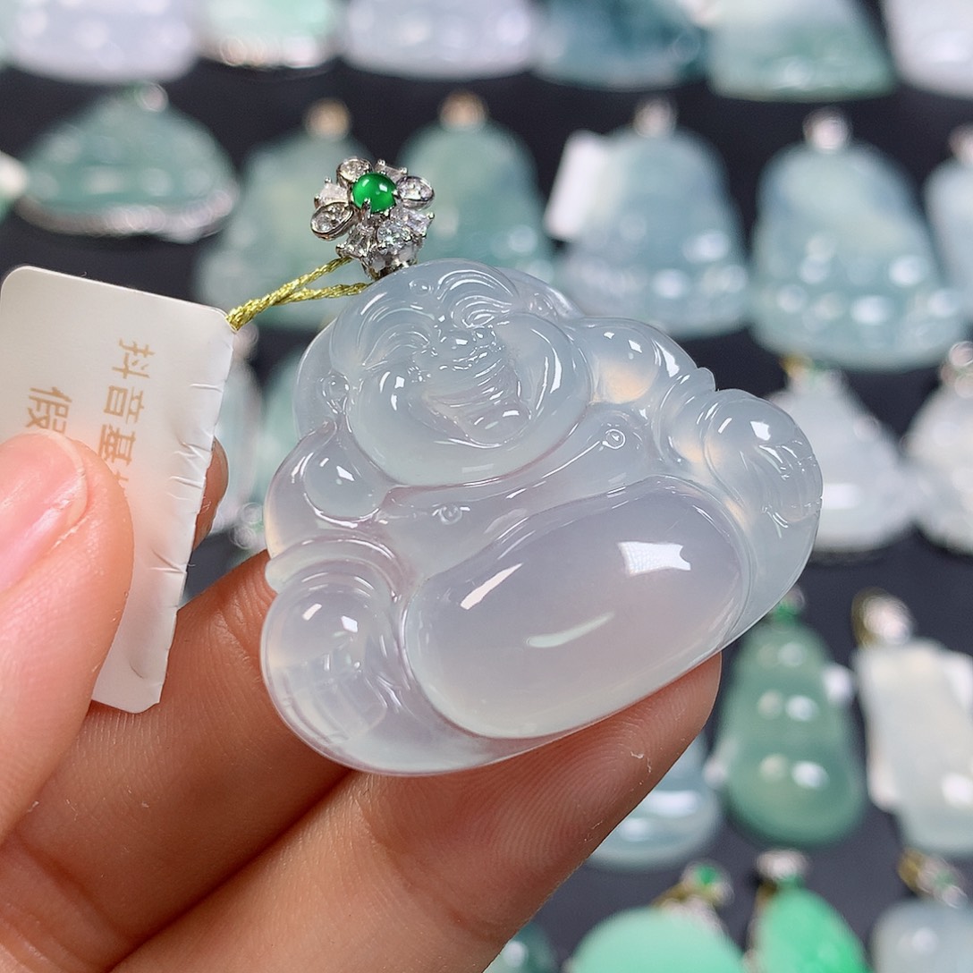 翡翠18K金镶嵌颈饰天然a货翡翠大件厚装弥勒佛