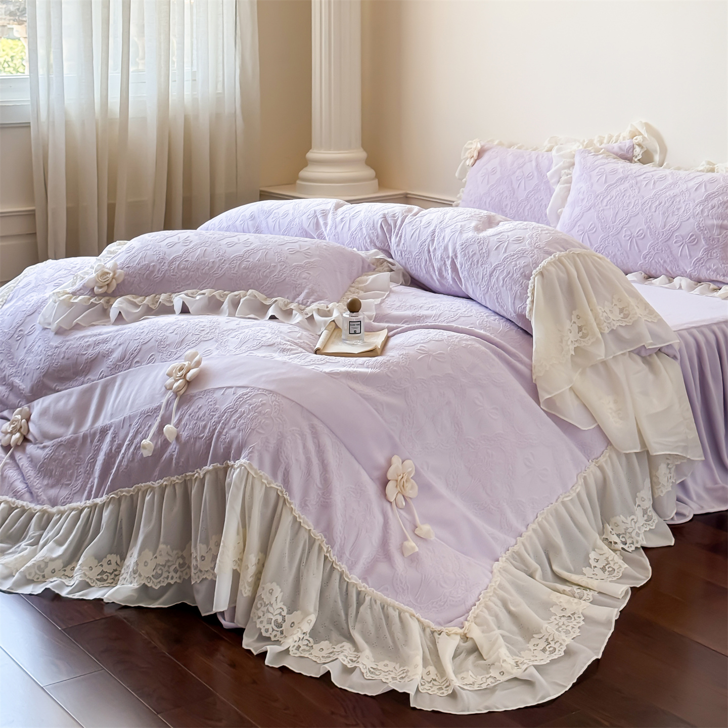 法式少女加厚雕花牛奶绒四件套冬季蕾丝毛绒被套珊瑚绒公主风床裙