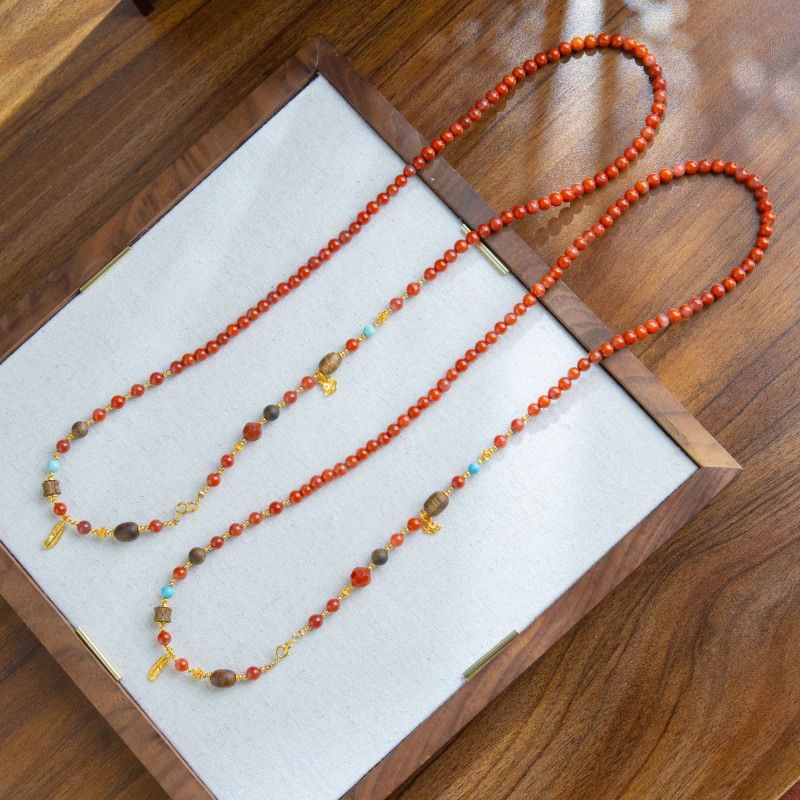 南红沉香圆珠S925银镀金毛衣链