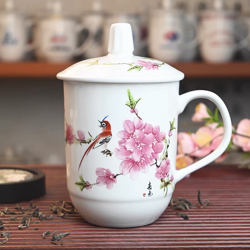 景德镇陶瓷水点桃花办公杯一只