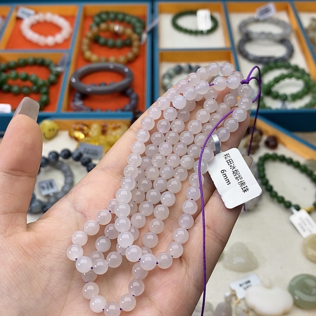 和田玉未镶嵌手链w20冰烟紫6mm