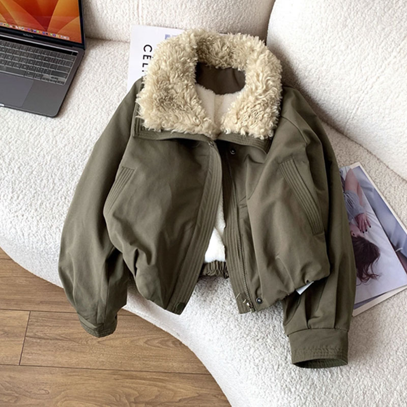 【全身加绒】2025欧货仿羊羔毛翻领短款加绒加厚派克服冬外套女夹克