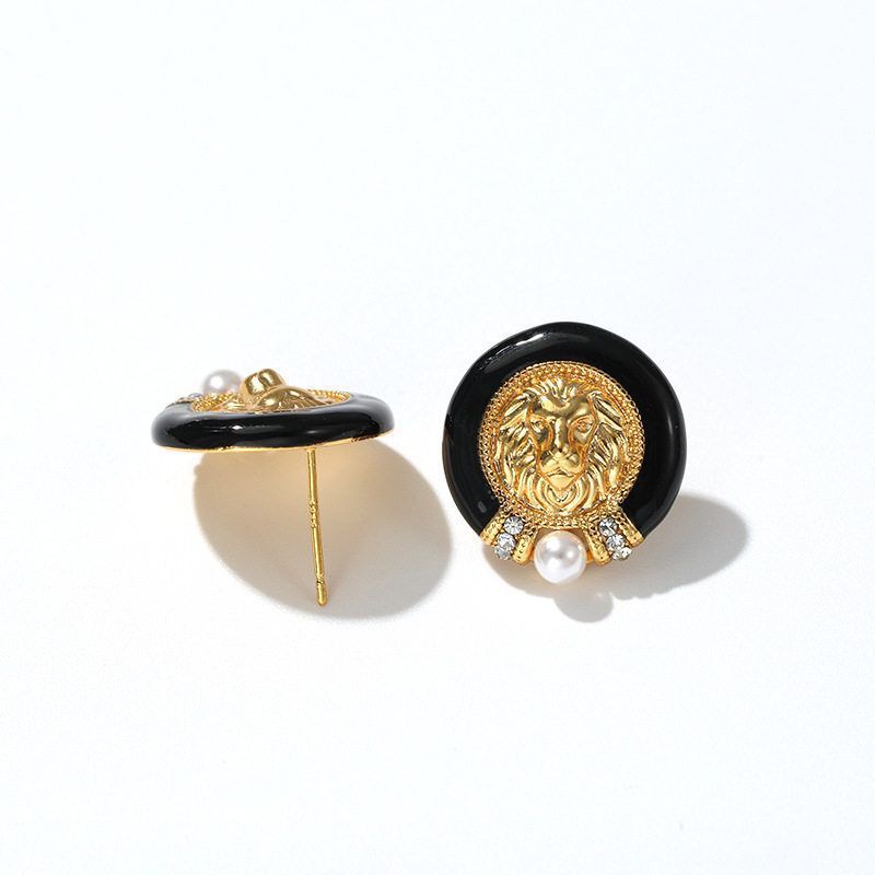 铜亚克力吊坠 Vintage中古金色狮子珍珠耳环小香风精致饰品耳钉
