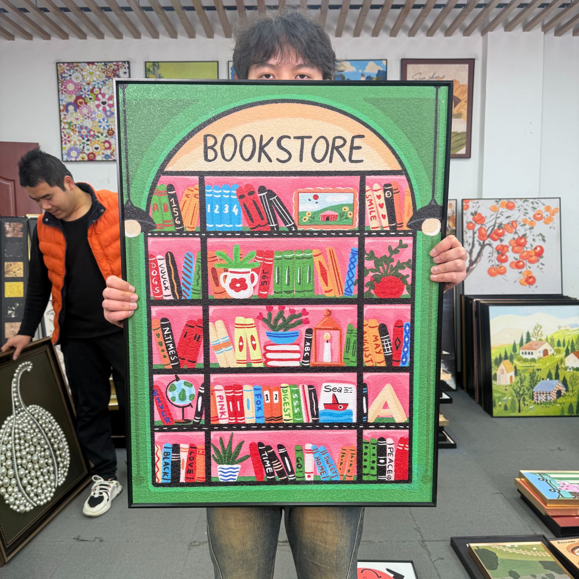 卡通bookstore砂岩高级感客厅沙发背景墙装饰画6080