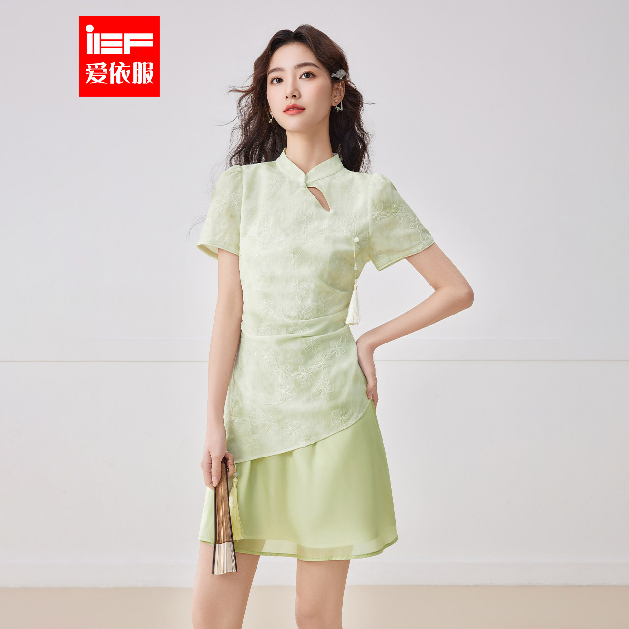 IEF/爱依服2025新款夏季新中式假两件气质显瘦刺绣提花时尚连衣裙