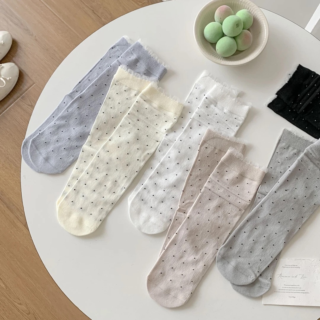 春夏甜美蕾丝小波点堆堆袜中筒袜ins花边