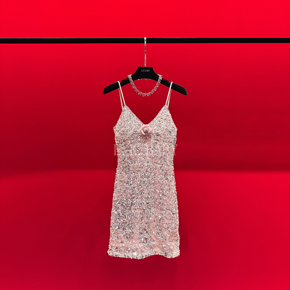 【L.K.BABY】妖桃淑女  法式轻奢礼服旖旎亮片性感吊带露背连衣裙