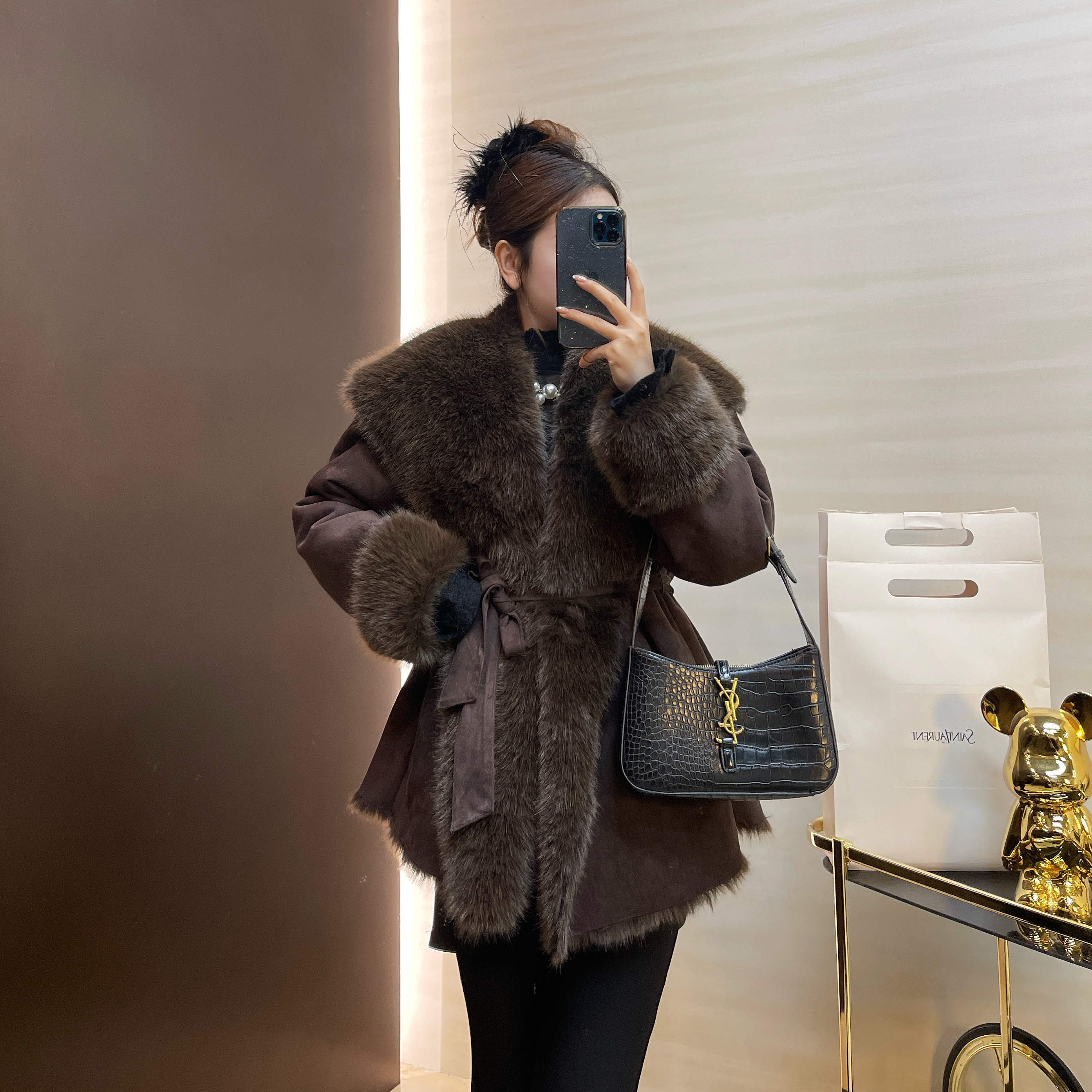 冬季复古风加厚毛毛外套系腰带收腰常规款气质显瘦百搭时尚