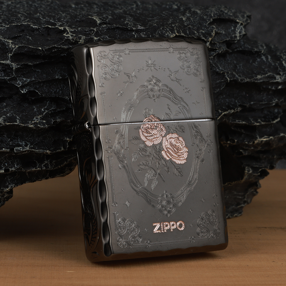 zippo打火机【罗曼蒂玫瑰】黑冰紫铜雕刻防风送男朋友礼物DYJ1