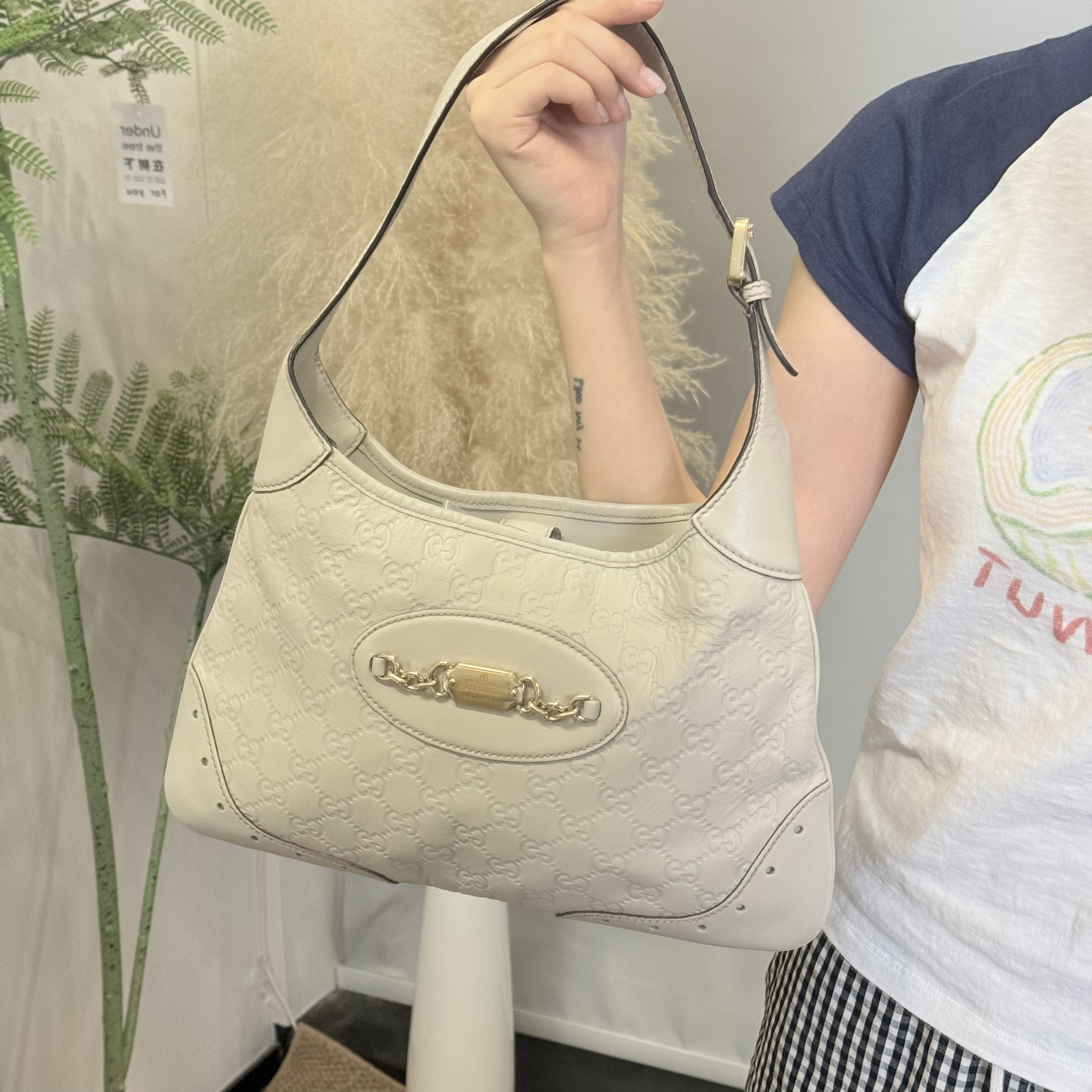 95新 GUCCI/古驰 老花压纹 Hobo 单肩包