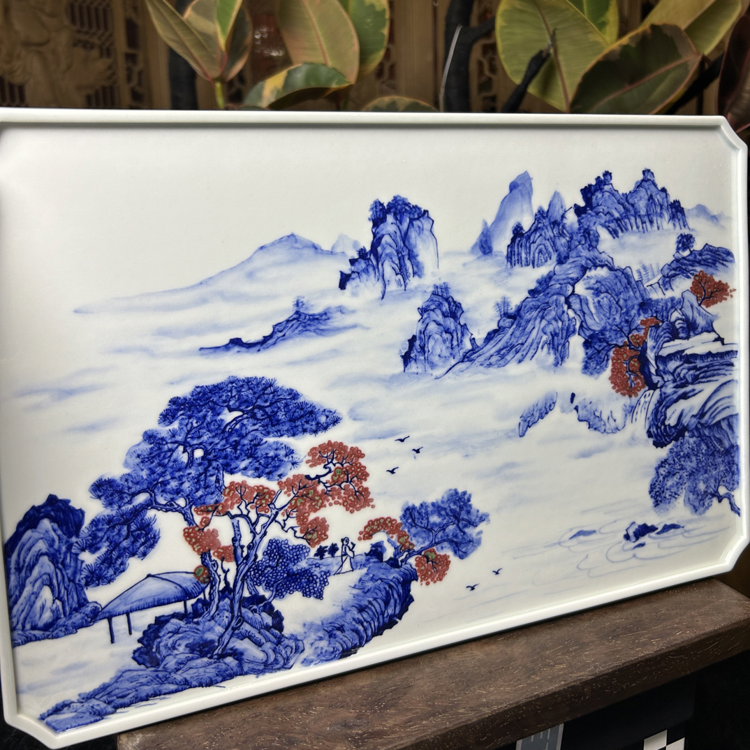青花釉里红山水干泡台（36.5X24）