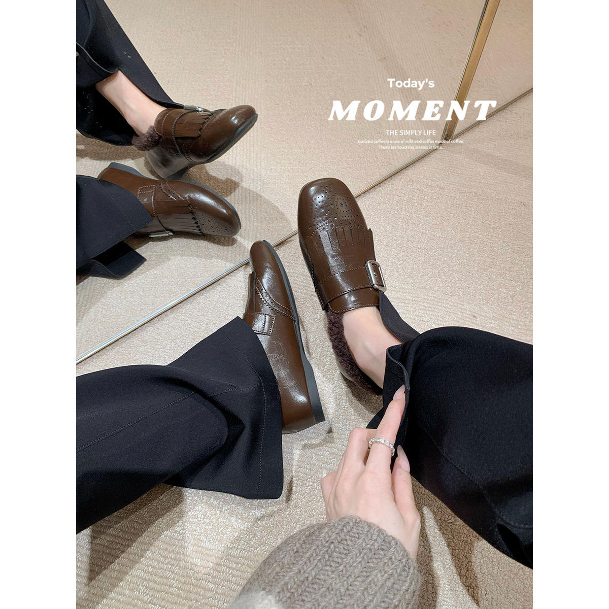 葡萄妈studiolee 英伦girl~ 复古布洛克流苏雕花扣带毛毛小皮鞋