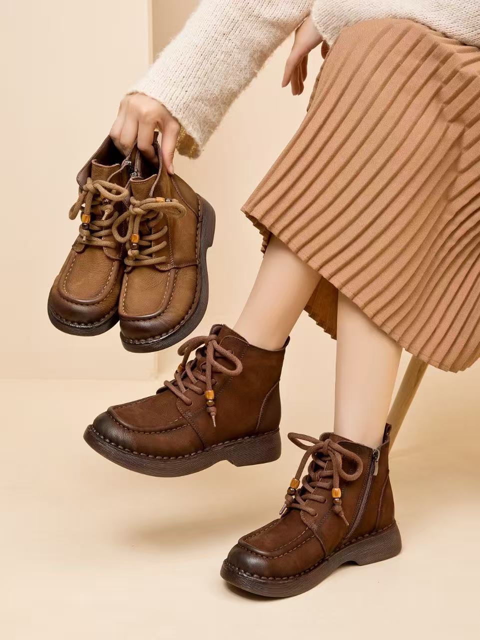 郡主家9113新款复古女秋冬加绒软底短靴舒适百搭时尚真皮女靴