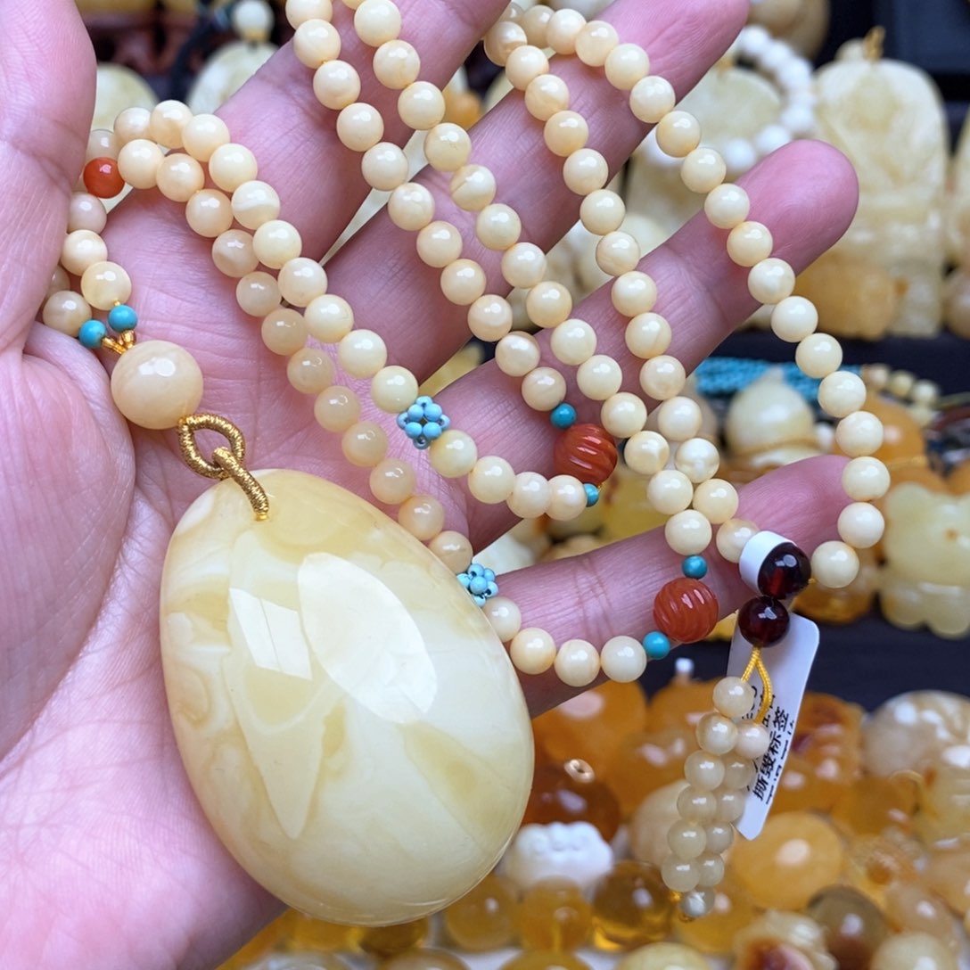 蜜蜡颈饰未镶嵌天然白花蜜蜡水滴吊坠毛衣链