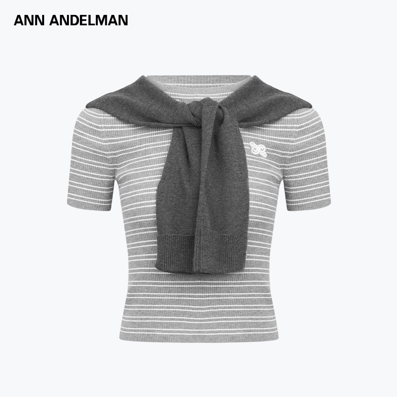 ANN ANDELMAN 25新款灰色条纹修身短款披肩两件套横条T短袖上衣女