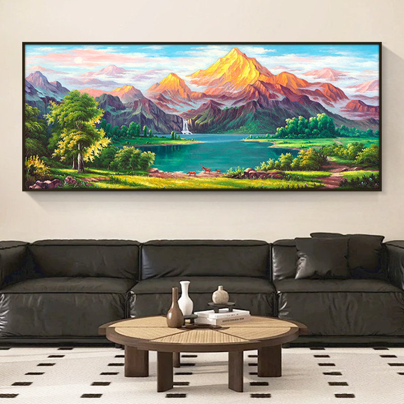 手绘油画【金山聚宝盆】美式客厅装饰画福鹿办公室挂画山水风景油画