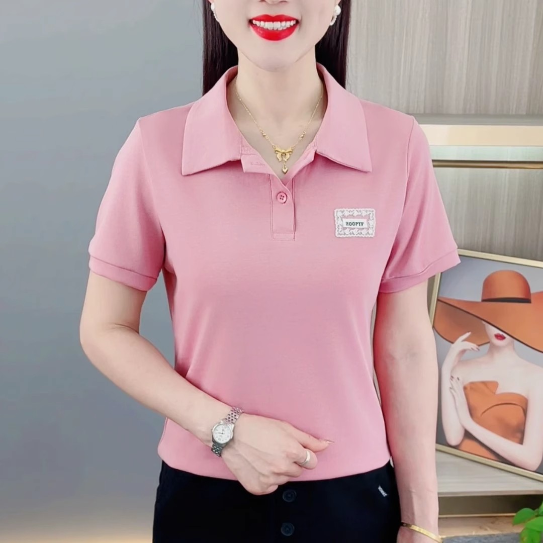 夏季纯色翻领刺绣女士短袖T恤休闲百搭小衫显瘦减龄中年妈妈上衣