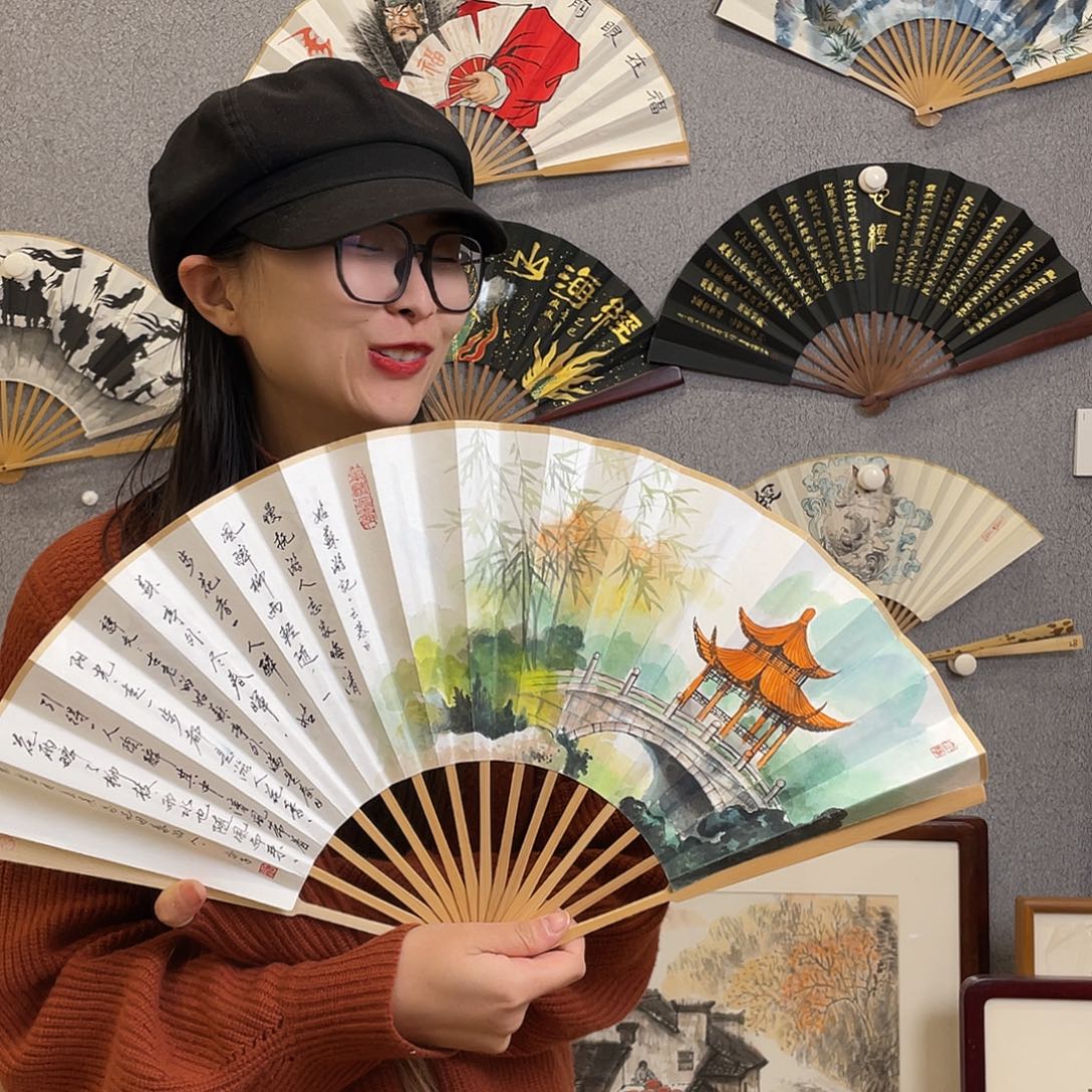 国画10寸玉竹-纯手绘-文玩扇骨（默认粘好）