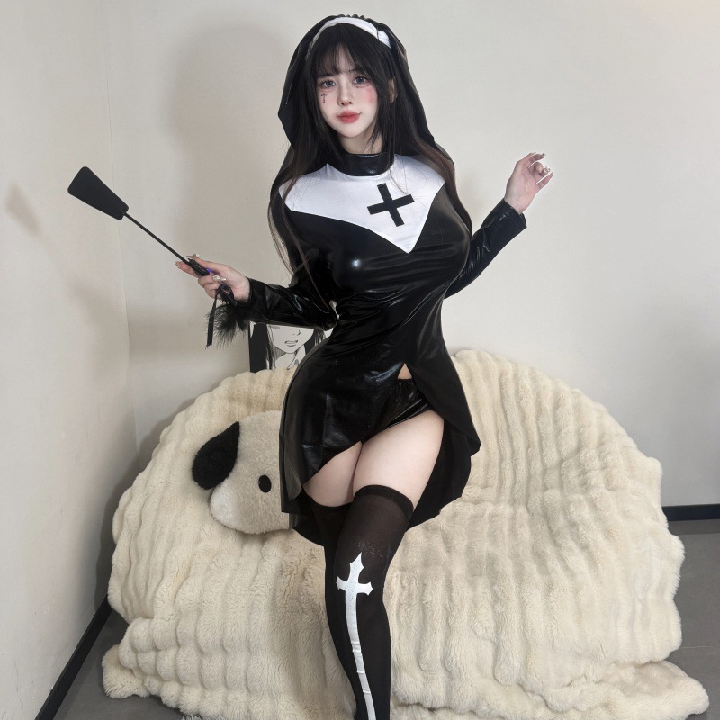 【爆款】修女服cos女修女服装万圣节服装PU皮款朋克十字架成人女制