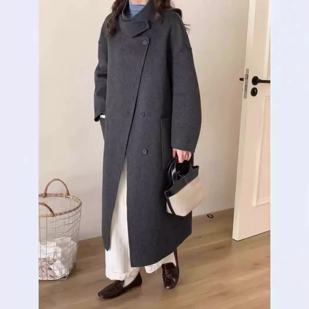 新款双面长毛羊毛大衣女中长款韩版立领休闲宽松外套