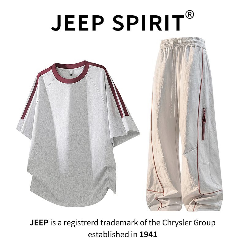 JEEPSPIRIT吉普夏季纯棉短袖T恤工装长裤运动套装男士休闲两件套