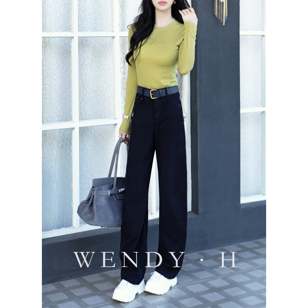 午夜蓝水洗牛仔裤女2025年秋季新款高腰宽松显瘦设计感休闲弯刀裤
