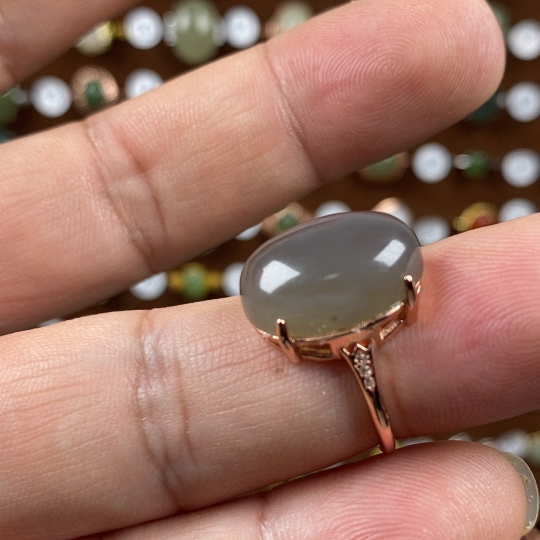 和田玉（青白玉）戒指银S925镀金镶嵌