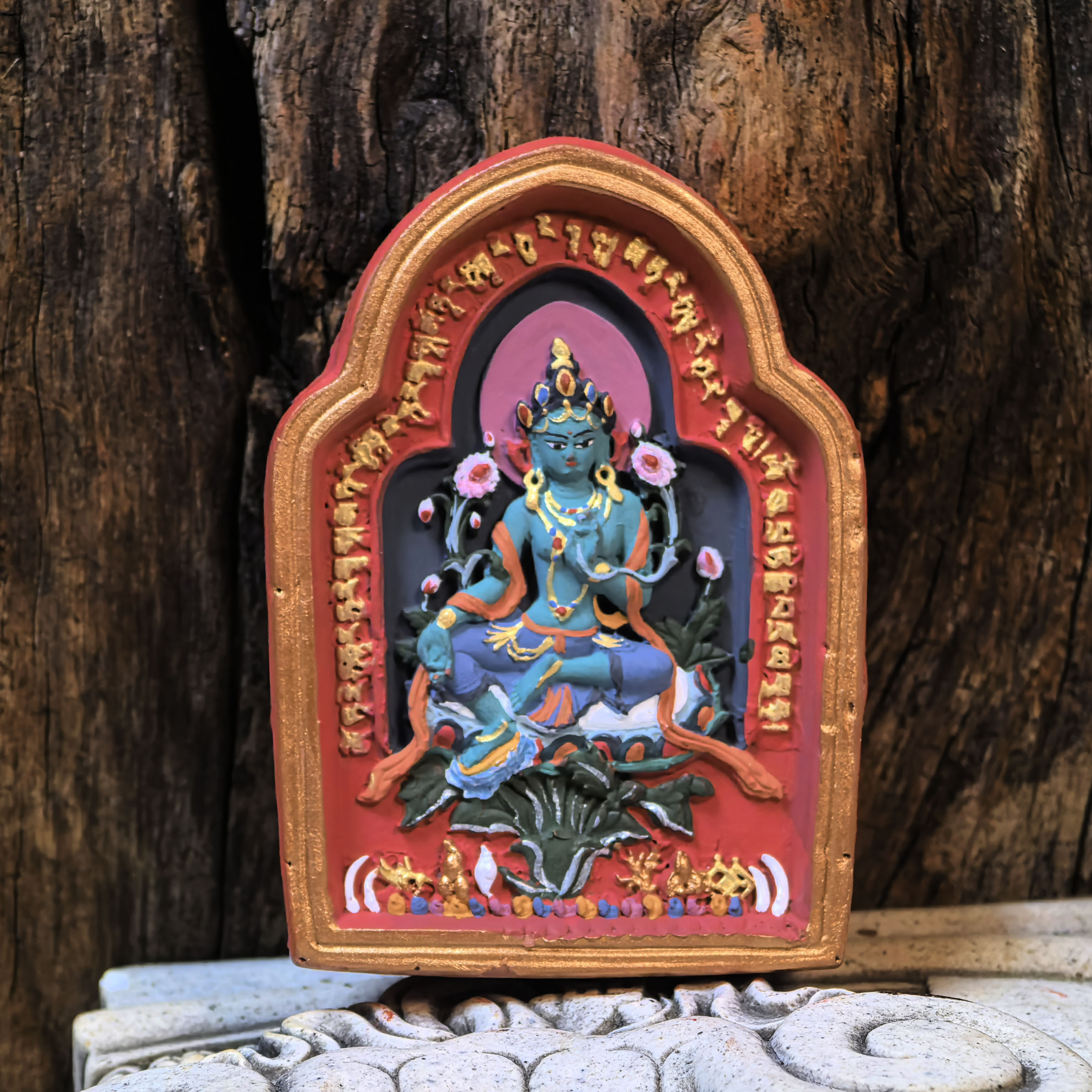 纯手工观音土矿物质颜料彩绘擦擦佛小唐卡摆件：绿度母