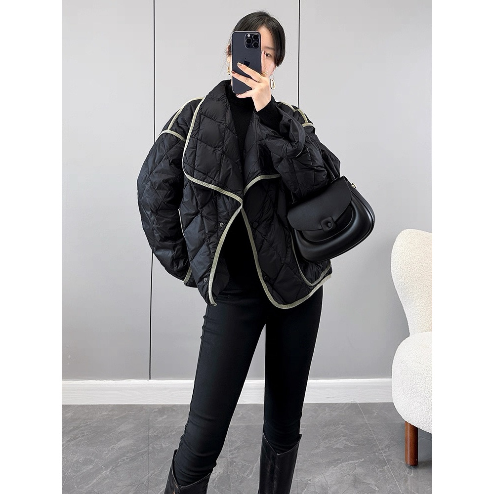 0719 GZ大翻领时髦短款宽松新款冬季轻薄菱格外套