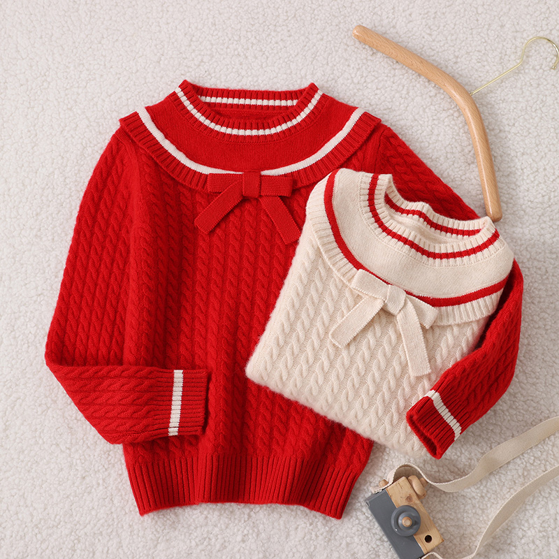 撞色图案针织衫女宝过年红色毛衣洋气韩版儿童羊毛衫
