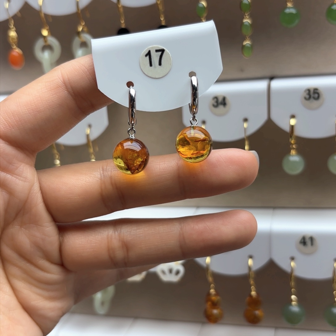 琥珀耳饰银S925镶嵌琥珀