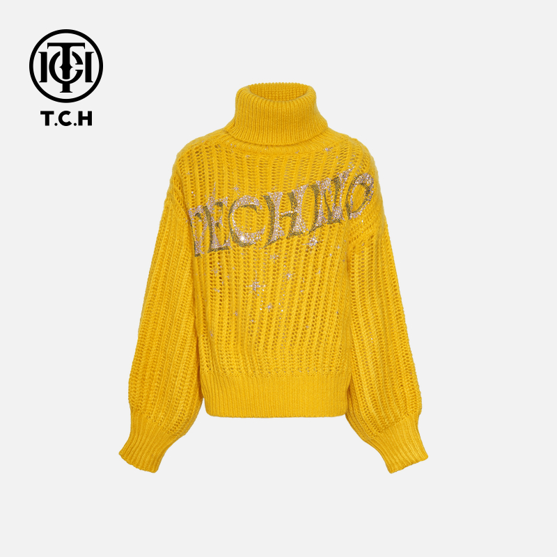 TCH私服秋款慵懒风烫钻时尚淑女黄色针织衫女T75D09E1019轻奢tch
