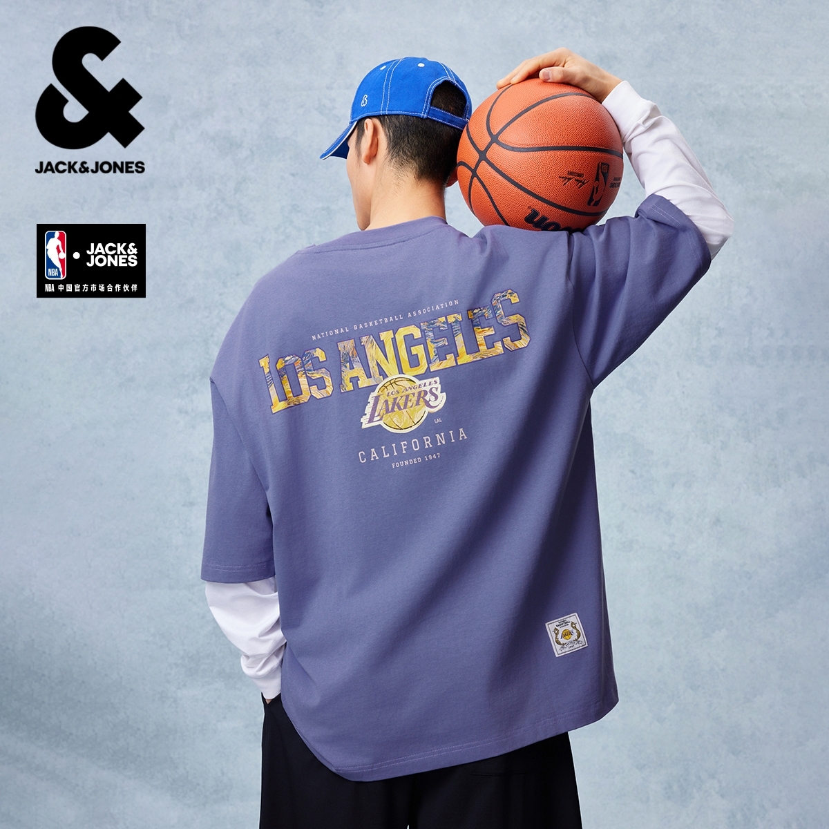 杰克琼斯【NBA联名】湖人队男装夏季新重磅纯棉舒适宽松短袖T恤