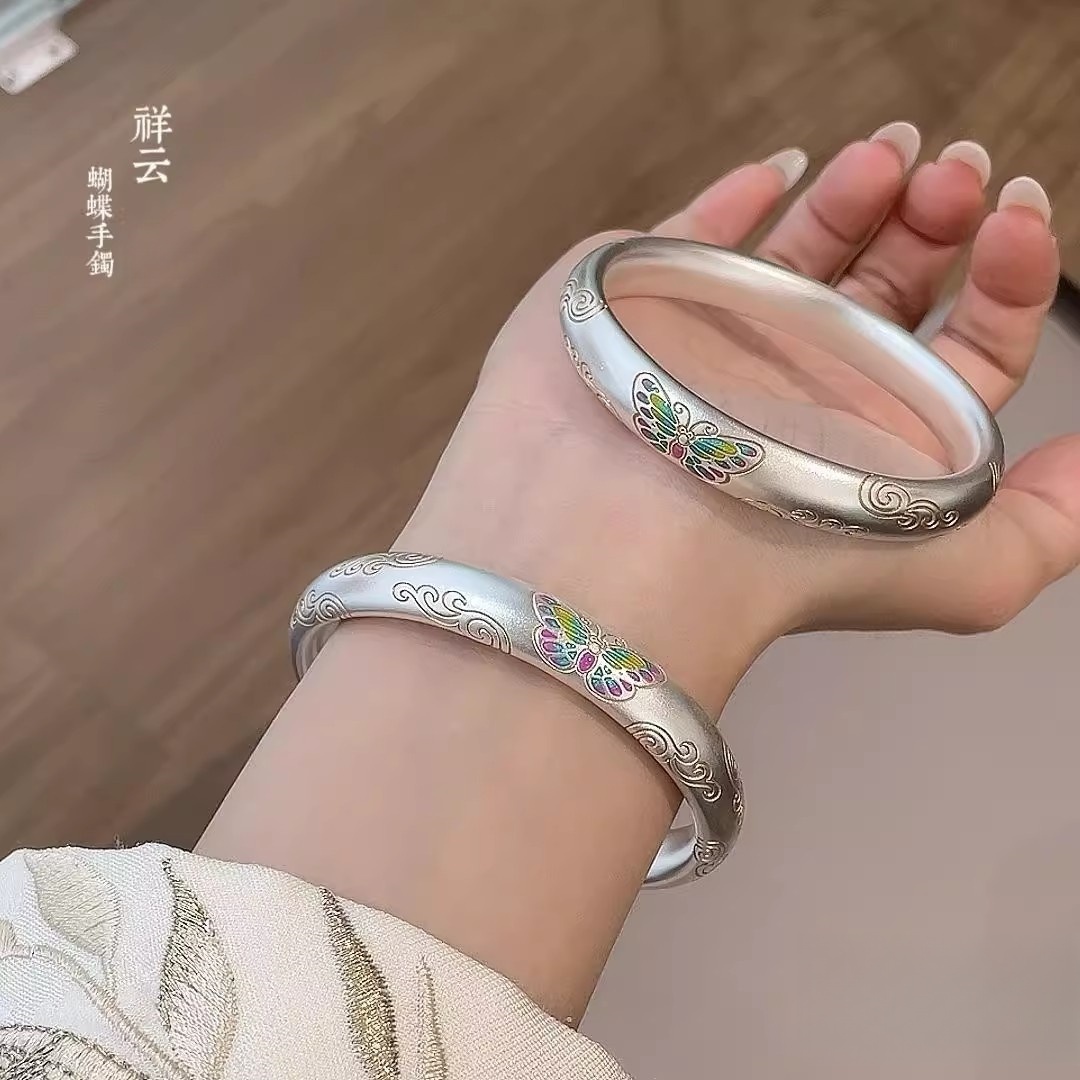 足银手镯 蝴蝶祥云银手镯女纯银999足银描金闭口银镯子情人节礼物