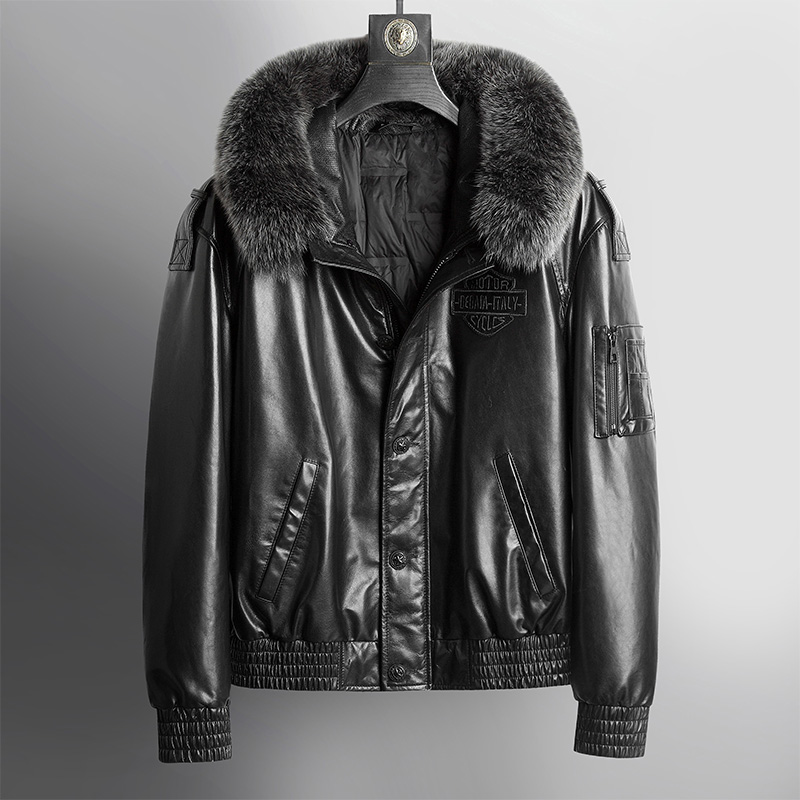 VM3353银狐毛领2025新款山羊皮真皮皮衣男短款青年时尚真皮羽绒服