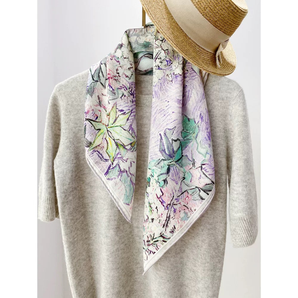 巾有所属油画花卉春秋手工卷边丝毛双面同色真丝羊毛秋冬丝巾