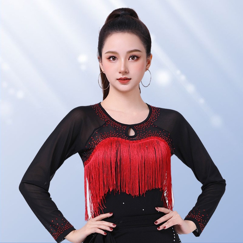 2025新款流苏上衣长袖摩登交谊舞演出三步踩裙子恰恰舞拉丁舞服装
