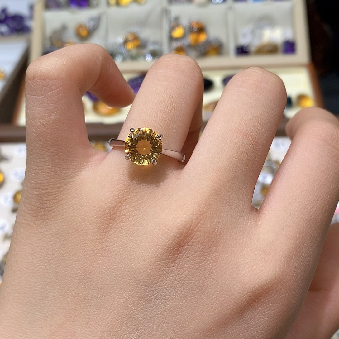 银S925镶嵌水晶珠宝半成品纯天然黄水晶戒指x