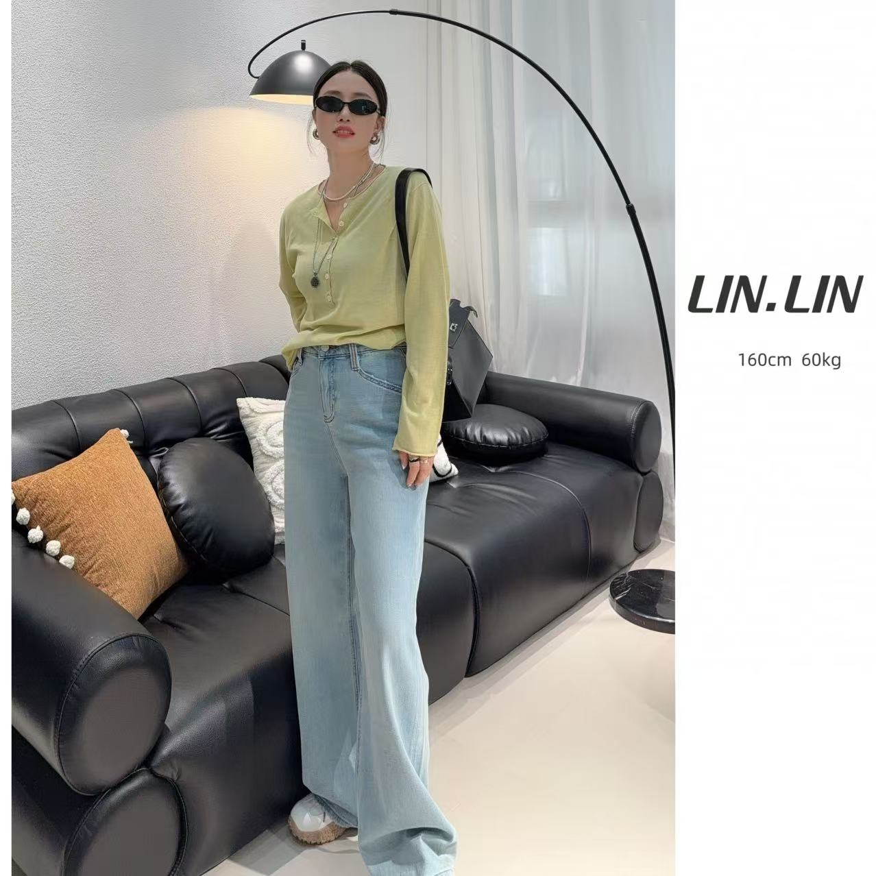 LIN-《垂垂牛仔裤》时髦水洗浅蓝高腰直筒窄版阔腿拖地牛仔裤