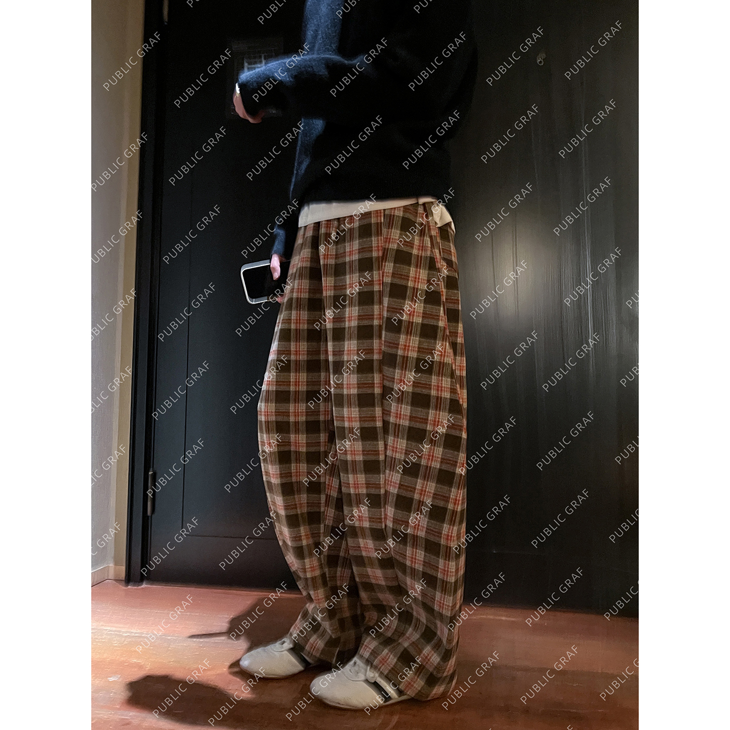 高林凡 秋冬加厚羊毛混纺松紧腰格子棉感长裤宽松直筒裤男女同款