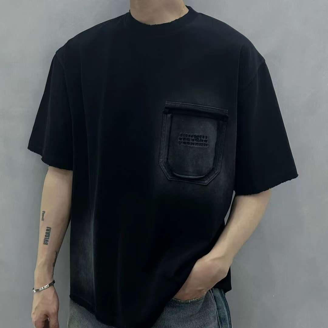 美式高街夏季潮牌简约纯色短袖T恤男宽松设计感小圆领上衣【4070】