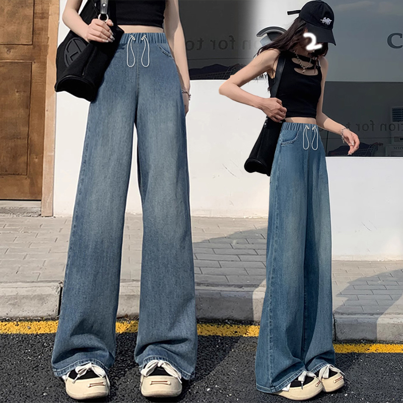 孕妇秋装牛仔裤宽松抽绳调节直筒裤宽松孕期窄版阔腿裤显瘦加绒女
