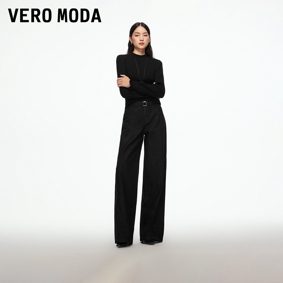 Vero Moda牛仔裤女2025秋冬新款含棉微闪腰带宽松阔腿裤流光风