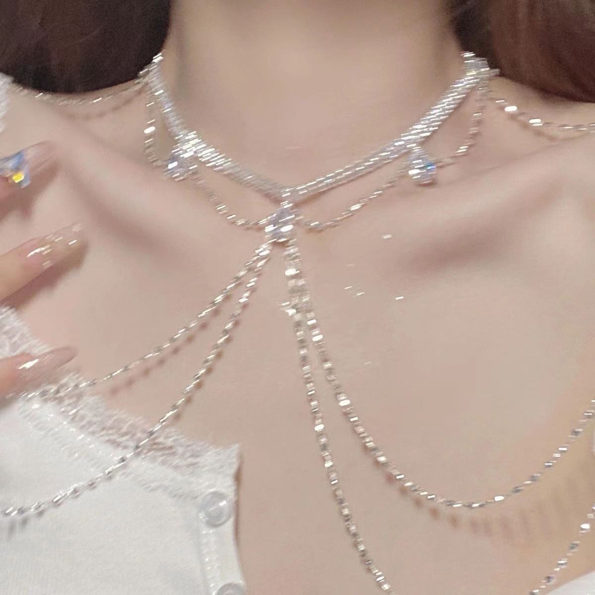 合金树脂项链 轻奢礼服配饰流苏肩链项链时尚镶钻身体链小众高级