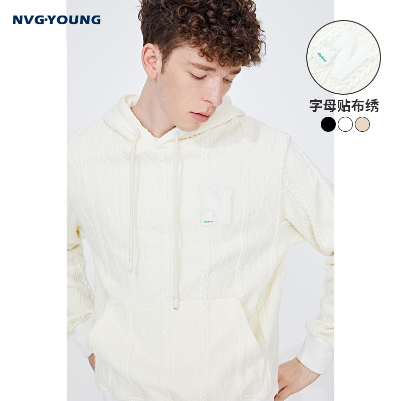 NVG·YOUNG新款春意大利小帆船连帽卫衣男潮牌白色上衣长袖针织衫