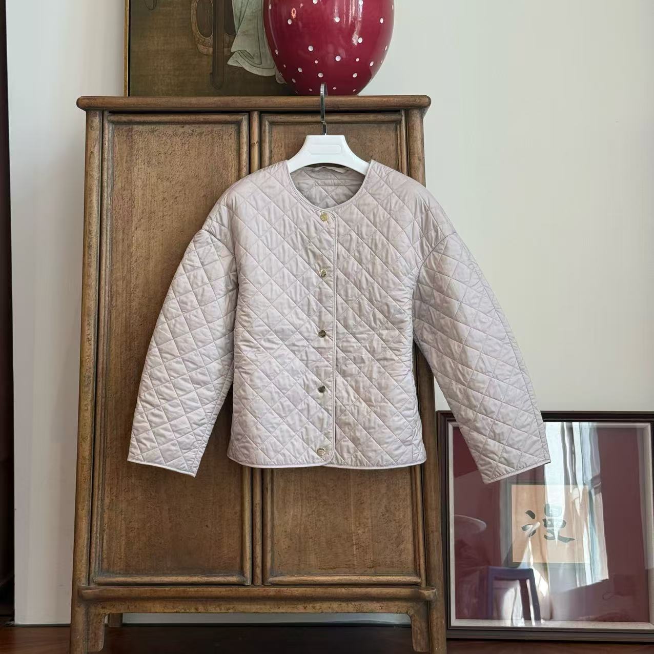 MYL 2025秋冬新款聚酯菱形格棉衣圆领长袖卡其色棉服