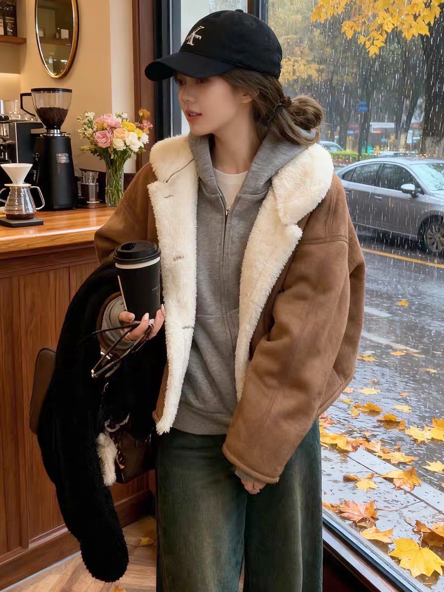 许我耀眼赵露思许研同款棕色复古羊羔毛外套韩版短款保暖上衣女