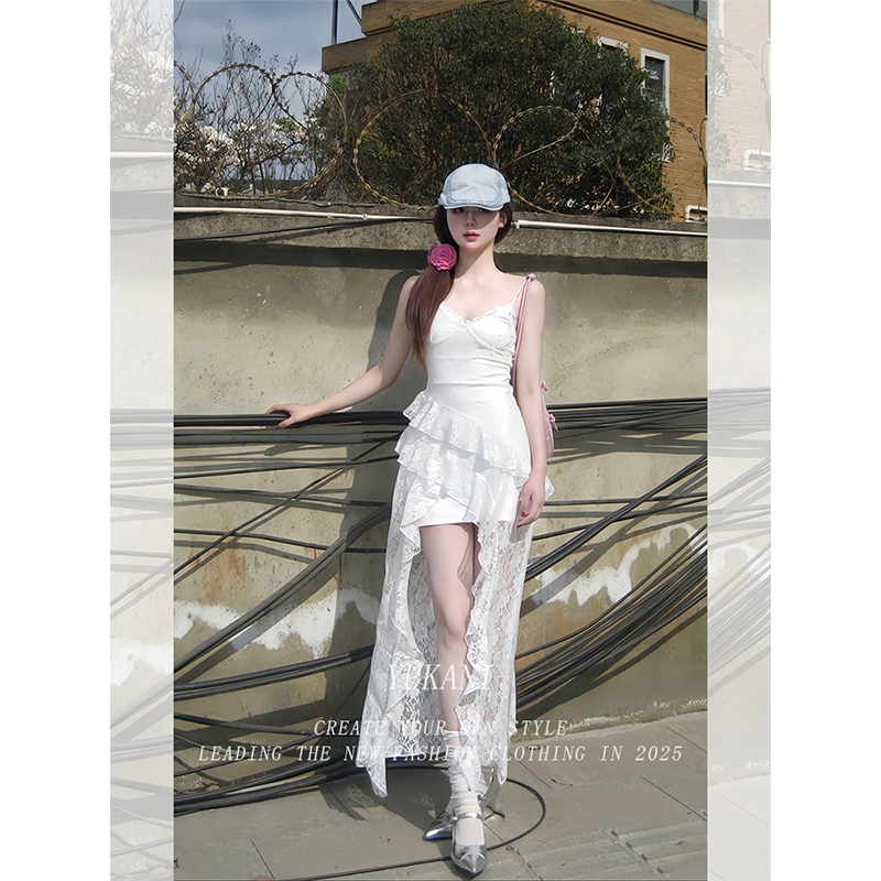 御姐风气质白色吊带连衣裙女夏季独特绝美小个子收腰显瘦蕾丝长裙