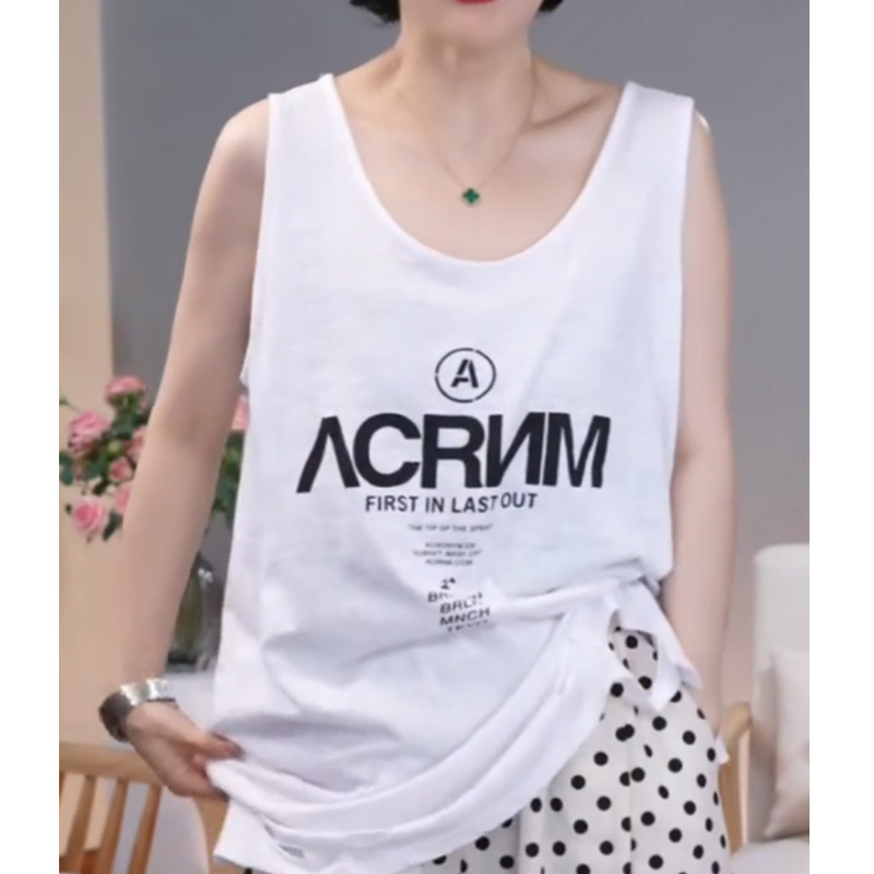 大码复古风字母水洗做旧休闲运动夏季女款薄款宽肩无袖打底1030