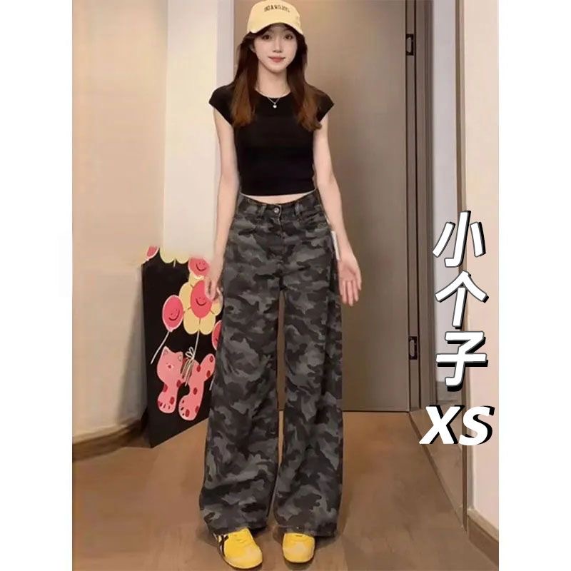 要加绒款新款小个子美式迷彩牛仔裤女直筒宽松显瘦工装阔腿裤子